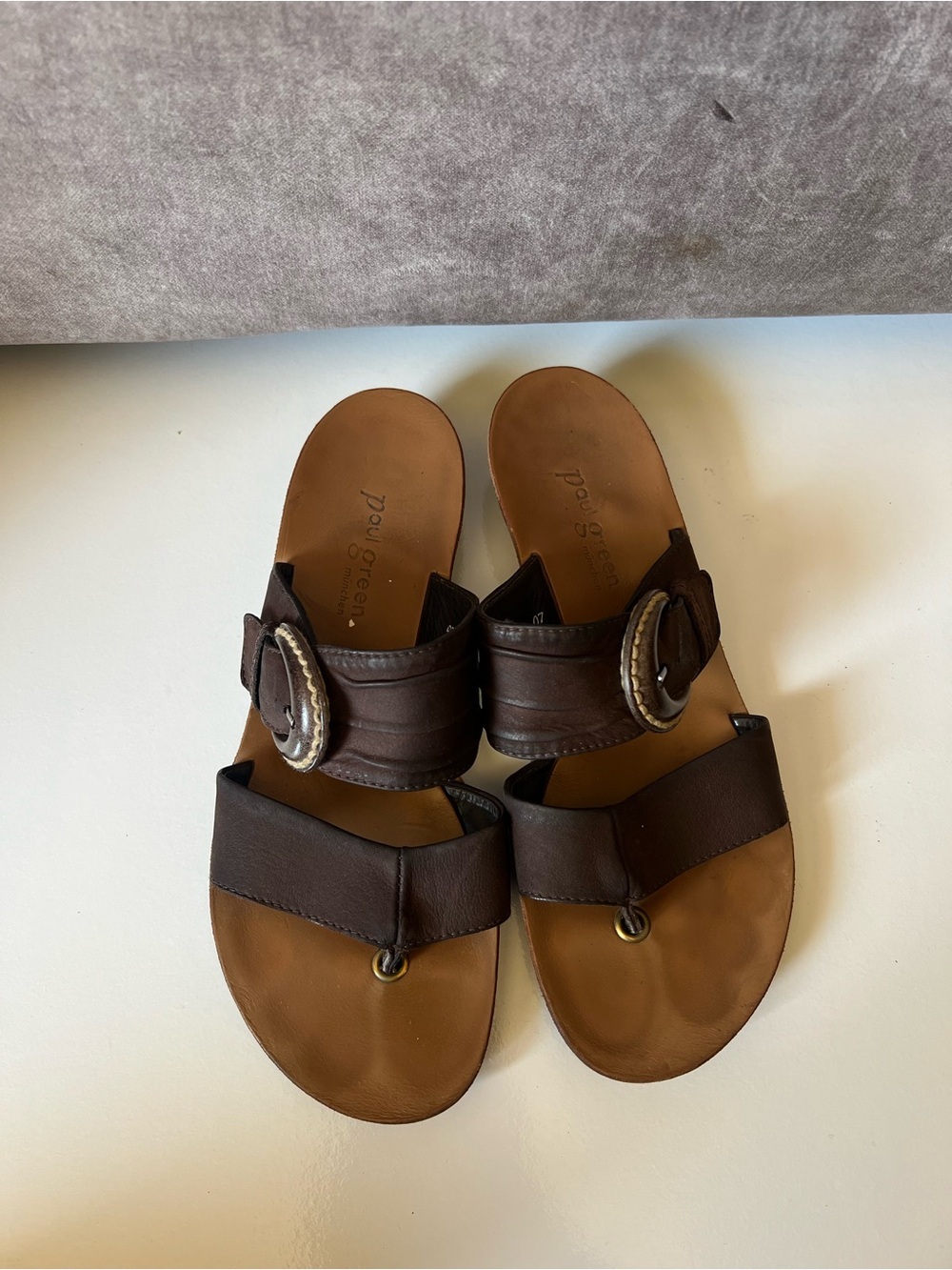 Paul Green Brown Leather Slide Sandals with Buckle